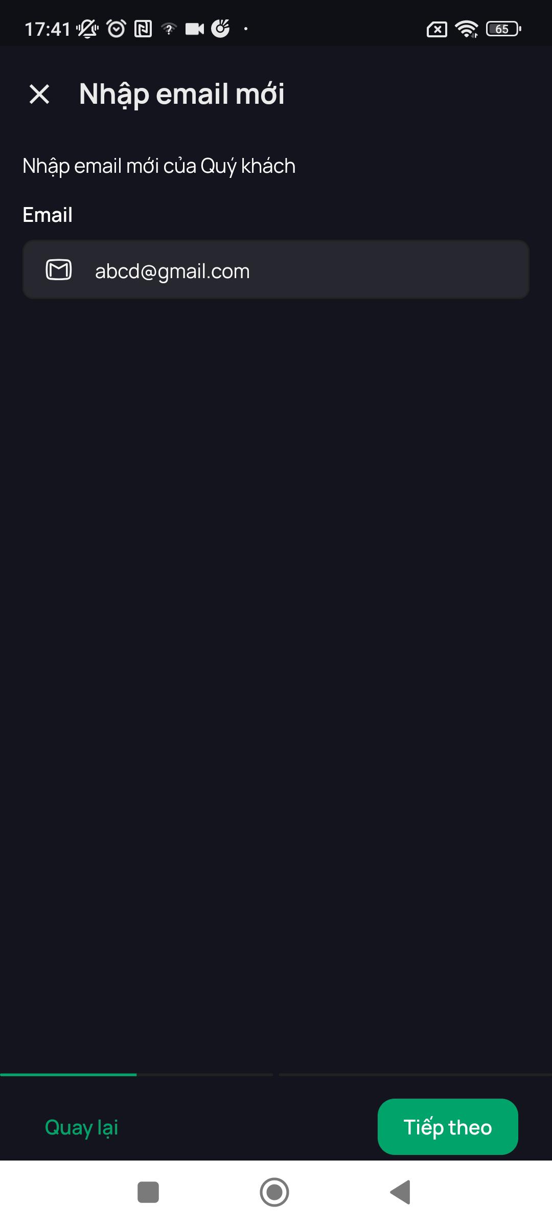 Màn nhập địa chỉ email mới
