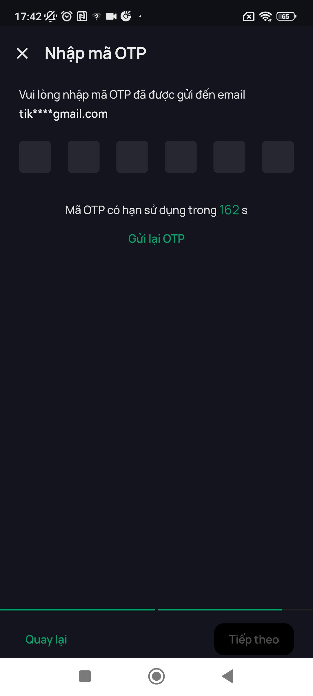 Màn yêu cầu xác thực OTP về email cũ