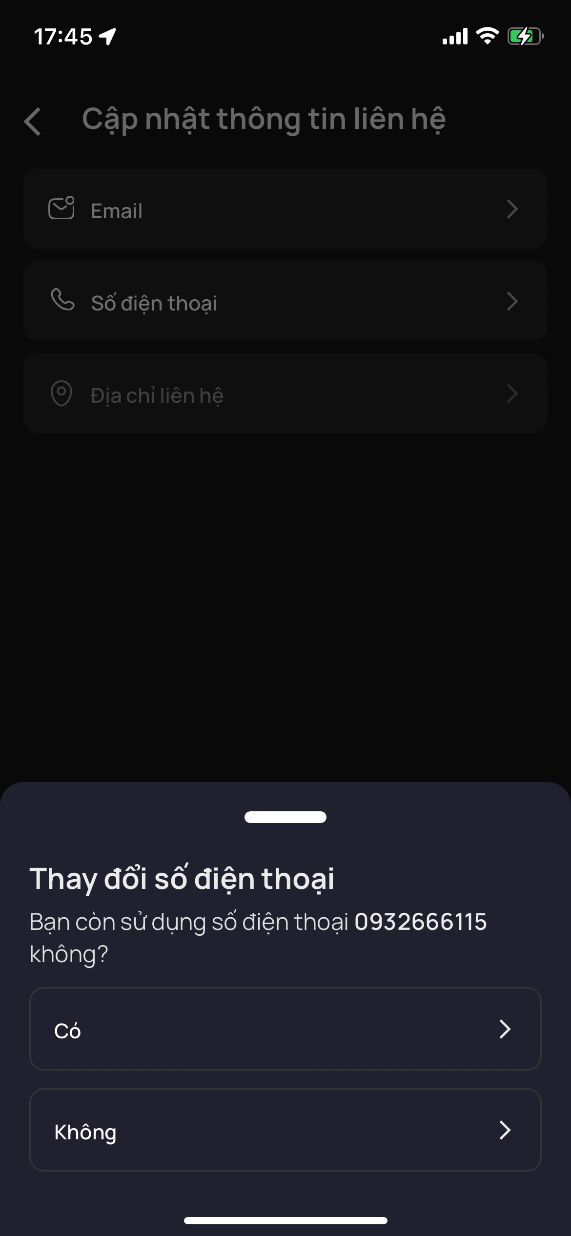 Màn lựa chọn hình thức cập nhật số điện thoại