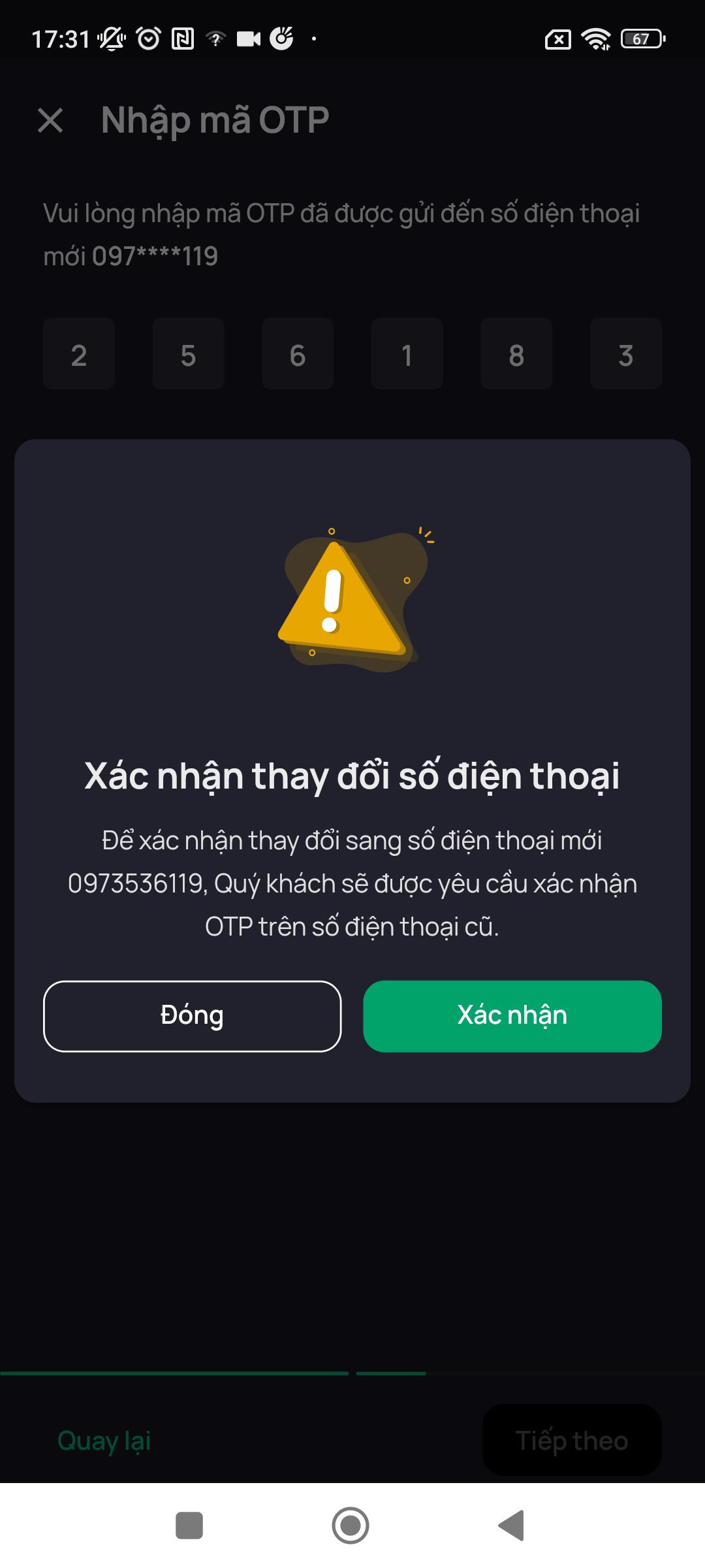Màn yêu cầu xác nhận thay đổi SĐT