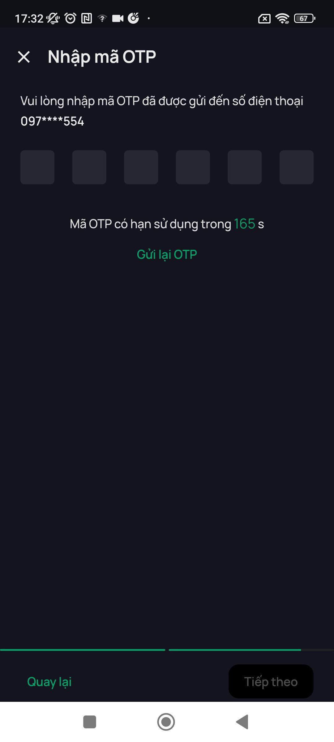 Màn yêu cầu xác thực OTP lần cuối gửi về SĐT cũ