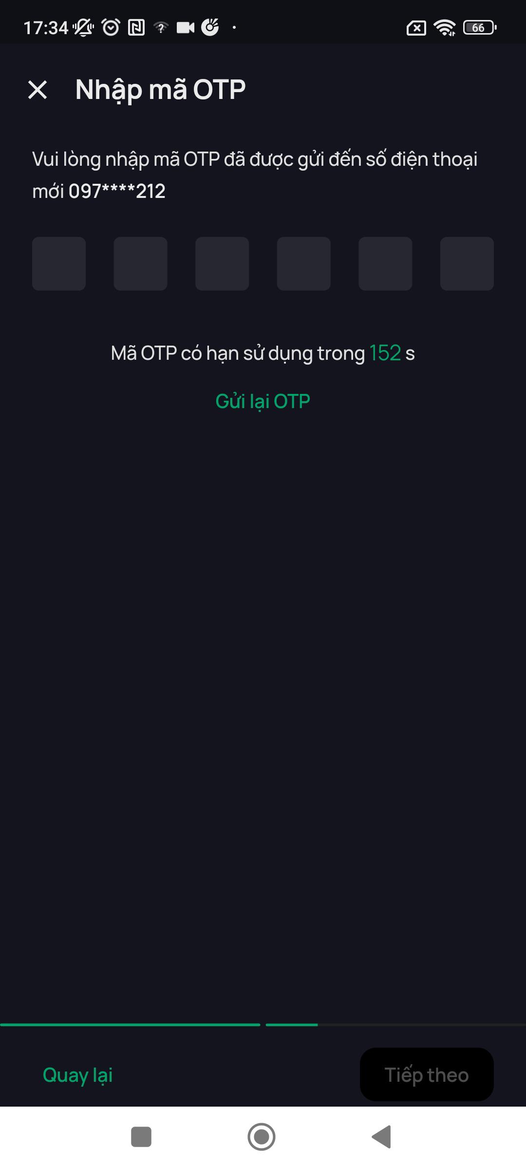 Màn yêu cầu xác thực OTP gửi về SĐT mới