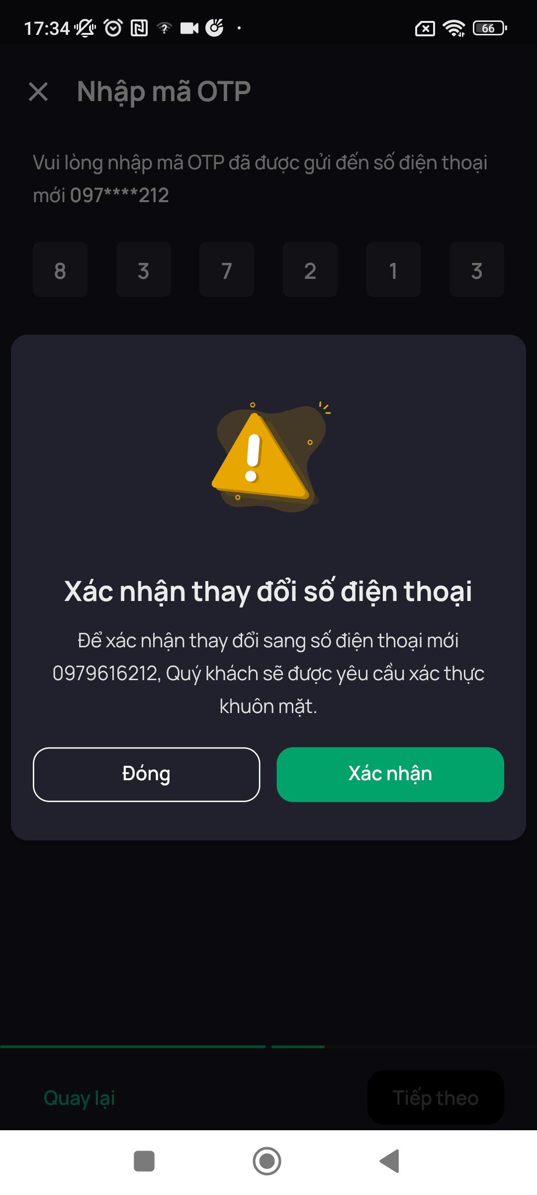 Màn xác nhận yêu cầu thay đổi SĐT