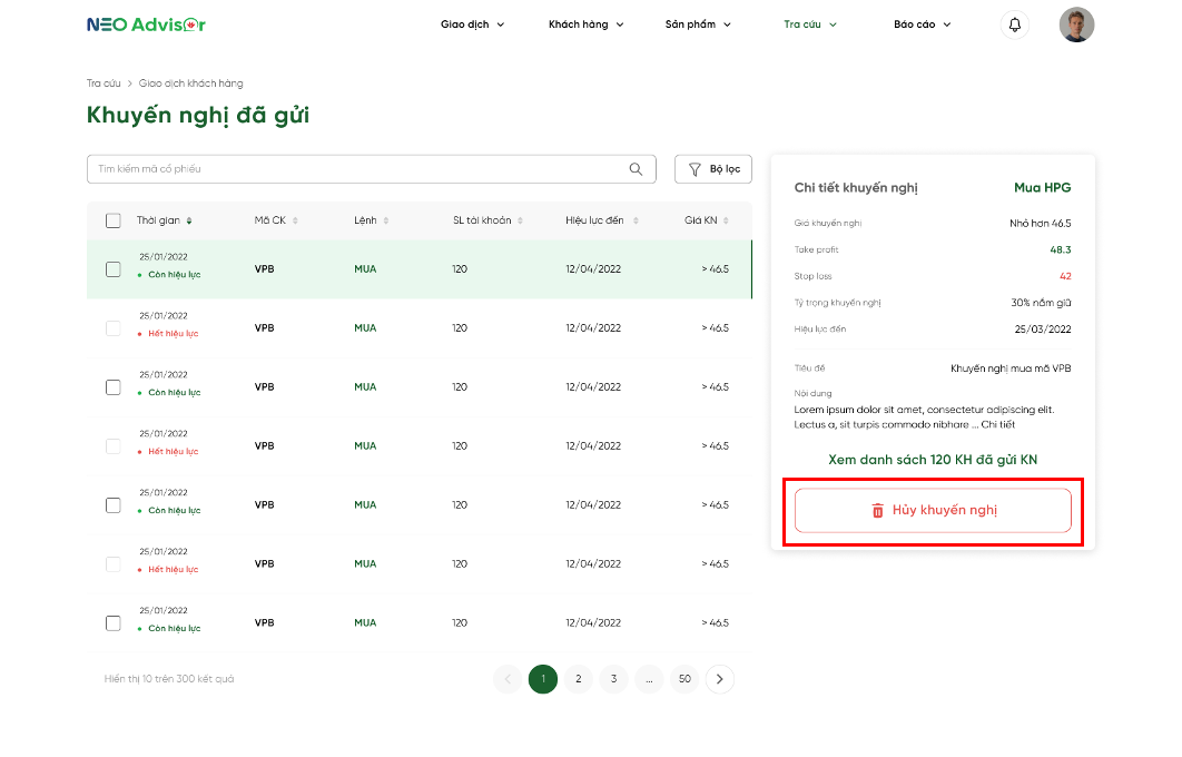 Khuyến nghị đã gửi - Chi tiết
